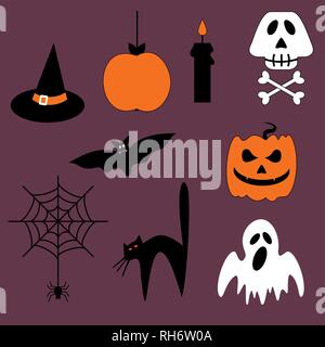 Vettore di Halloween set di icone e simboli. Scary cartoon sfondo doodle. Vettore illustrazioni isolate. Illustrazione Vettoriale