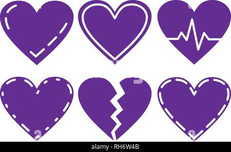 Ultra Violet cuore set di icone, ideale per il giorno di San Valentino e matrimonio. Illustrazione di vettore isolato su bianco. Illustrazione Vettoriale