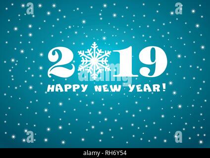 2019 Felice anno nuovo gradiente blu sfondo con stelle bianche, abeti e i fiocchi di neve per il vostro volantini stagionali e biglietto di auguri o di Natale. Illustrazione Vettoriale