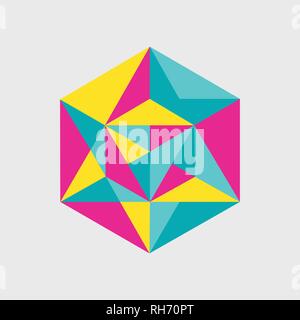 Geometrica astratta giallo verde rosa in forma di cubo da facce triangolari per il graphic design.illustrazione vettoriale Illustrazione Vettoriale