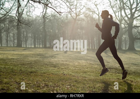 Donna di prima mattina eseguire invernali nel Parco mantenendo montare ascoltare la musica tramite auricolari Foto Stock