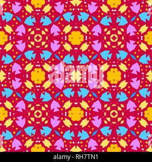 Colorato caleidoscopio seamless pattern con ornamenti decorativi. Ornamentali sfondo vividi. Blu, giallo, viola forme e sfondo rosso. Pattern Illustrazione Vettoriale