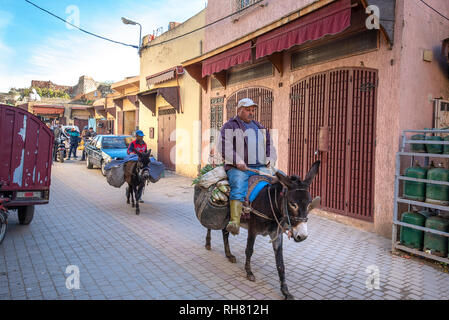 Un uomo su un asino a camminare sulla strada della medina nella città vecchia. Meknes è una città dichiarata patrimonio dell'Umanità dall'UNESCO. Il Marocco Foto Stock