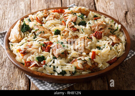 Tradizionale pasta orzo con fritto di pollo, pomodori secchi, spinaci, aglio e formaggio close-up su una piastra sul tavolo orizzontale. Foto Stock