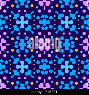 Colorato caleidoscopio seamless pattern con ornamenti decorativi. Ornamentali sfondo vividi. Blu, giallo, viola forme e sfondo blu. Illustrazione Vettoriale