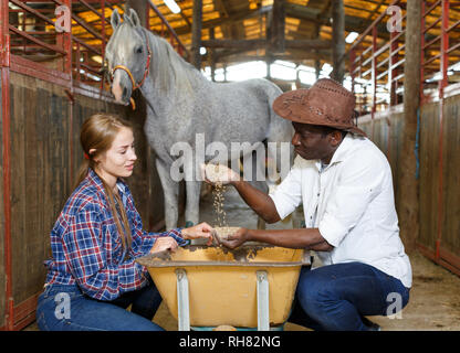 L uomo e la ragazza dei lavoratori delle aziende agricole nei pressi di carriola con grano in stabile Foto Stock