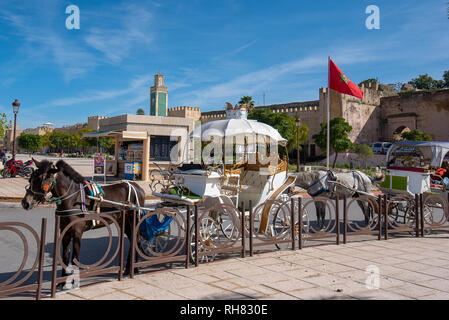 Scena di cavalli e carrozze per i turisti all'ingresso del centro storico di Meknes. UNESCO - Sito Patrimonio dell'umanità. Il Marocco Foto Stock