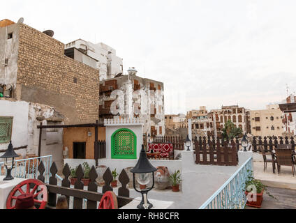 Le vecchie case in legno mashrabiyas di al-Balad trimestre, Mecca provincia, Jeddah, Arabia Saudita Foto Stock