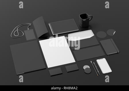 Corporate identity. Nero branding stazionario impostato mock up su sfondo nero. 3d illustrazione Foto Stock