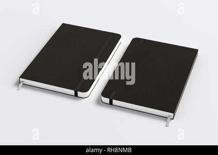 Nero notebook verticale con fascia elastica su sfondo bianco. Copertina anteriore e posteriore. 3d illustrazione Foto Stock