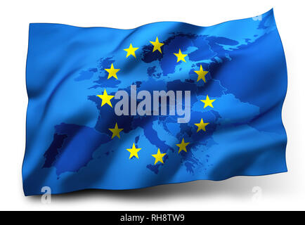 Bandiera dell'Unione europea al vento, Europe map all'interno. 3D illustrazione Foto Stock
