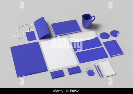 Corporate identity. Blu fisso set di branding mock up su sfondo bianco. 3d illustrazione Foto Stock