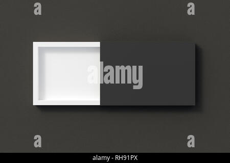 Fustellato aperto piatto nero slitta confezione regalo in cuoio nero lo sfondo con il tracciato di ritaglio attorno a scatola. 3d illustrazione Foto Stock