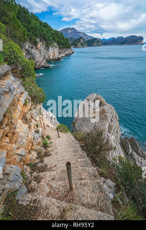 Ripido, spaventoso e pericoloso scale rocciosa verso il basso le scogliere sul mare costa vicino a Petrovac, Montenegro Foto Stock