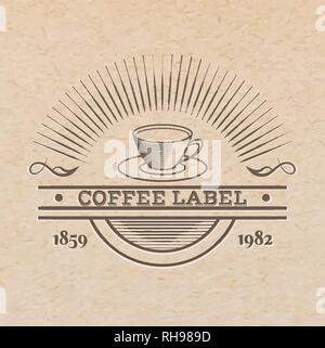 Vettore etichetta vintage fuori premuto sulla carta craft, bevande emblema - caffè o tè con posto per il testo Illustrazione Vettoriale
