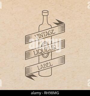 Vettore etichetta vintage fuori premuto sulla carta craft, bevande emblema - Bottiglia di vino con posto per nastro di testo Illustrazione Vettoriale