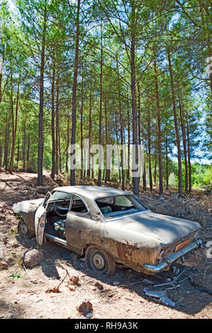 Foto di auto abbandonate nella foresta. Foto Stock