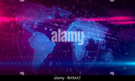 Rete globale con mappa del mondo su sfondo digitale. Concetto di ciberspazio comunicazione e connessione internet 3D'illustrazione. Foto Stock