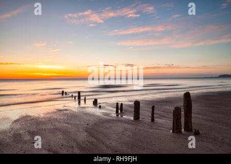 Resti di pennelli sulla spiaggia a Sandsend, Whitby, North Yorkshire, all'alba Foto Stock