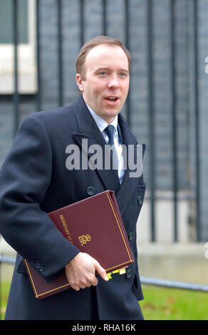 Matt Hancock MP, il ministro per la salute, lasciando una riunione del gabinetto a 10 Downing Street, Jan 29 2019 Foto Stock