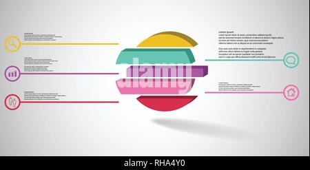 3D illustrazione modello infografico. L'anello in rilievo è diviso in cinque colori parti spostato. Scopo è disposta su grigio sfondo bianco. Colore lin Illustrazione Vettoriale