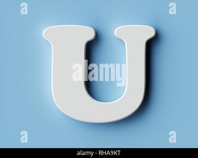 Libro bianco lettera alfabeto carattere font u. Vista anteriore del simbolo di capitale su uno sfondo blu. 3D rendering immagine Foto Stock