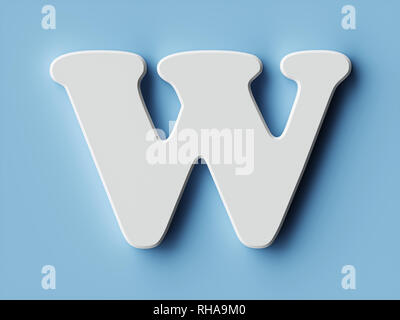 Libro bianco lettera alfabeto carattere font W. Vista anteriore del simbolo di capitale su uno sfondo blu. 3D rendering immagine Foto Stock