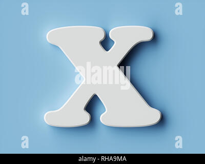 Libro bianco lettera alfabeto carattere font X. Vista anteriore del simbolo di capitale su uno sfondo blu. 3D rendering immagine Foto Stock