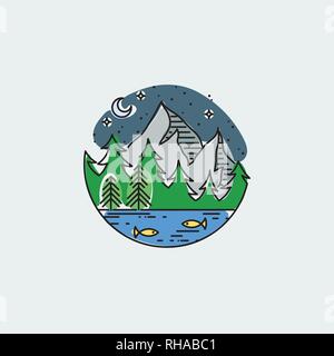 Notte montagne e lago. La natura del vettore di esplorazione di poster vintage. Appartamento moderno vettore lineare illustrazione. Retro cartolina della fauna selvatica con stelle, foresta Illustrazione Vettoriale