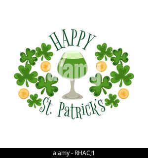 Bicchiere di birra verde come un simbolo della festa di San Patrizio. San Patrizio - festa della birra con foglie di trifoglio e leprechaun di monete d'oro. Illustrazione Vettoriale