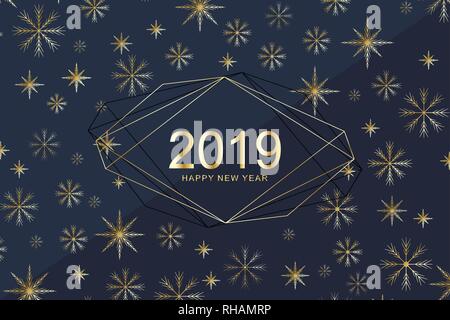 Buon Natale e Felice Anno Nuovo 2019 biglietto di auguri con golden i fiocchi di neve. Felice anno nuovo 2019. Messaggio di saluto festivo card template vettoriale per poster Illustrazione Vettoriale