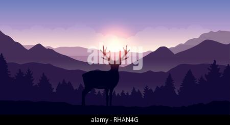 Lonely cervi in montagna all'alba con sfondo di foresta illustrazione vettoriale EPS10 Illustrazione Vettoriale