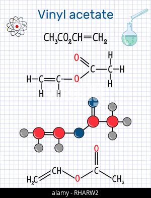 Acetato di vinile molecola. Essa è il precursore di acetato di polivinile (PVA) . Foglio di carta in una gabbia. Formula chimica di struttura e la molecola modello. Vec Illustrazione Vettoriale