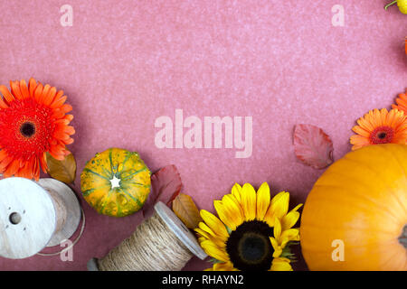 Vista superiore del giallo e fiori d'arancio, bobina di corda e zucche su sfondo di rose. Bigliettino vuoto per il lavoro creativo design. laici piatta Foto Stock