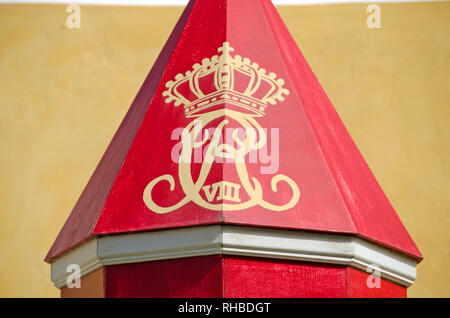 Decorate in rosso scatola senty (post) a Fort Christiansvaern, Christrianted Pietra Miliare Storica Nazionale, Saint Croix, U.S. Isole vergini Foto Stock