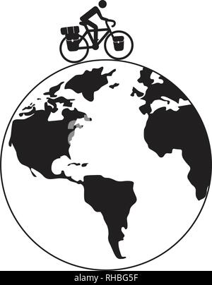 Ciclista ride bikepacking touring bike sul globo terrestre il vettore Illustrazione Vettoriale