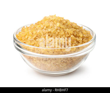 Asciugare Bulgur di grano in recipiente di vetro isolato su bianco Foto Stock