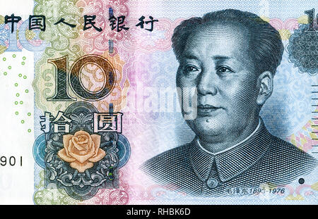 Ritratto di Mao Zedong sul cinese 10 yuan banconota, il ritratto del presidente Mao Foto Stock