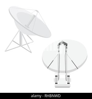 Set isometrica parabola satellitare antenne sul bianco. Wireless apparecchiature di comunicazione Illustrazione Vettoriale