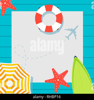 Orario estivo vettore design banner con posto per testo e pittoresca spiaggia di elementi di sfondo blu. Illustrazione Vettoriale. Vacanze Estate Banner Foto Stock