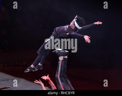 Kiev, Ucraina. 01 feb 2019. Artisti circensi visto eseguire durante lo spettacolo. Il nuovo show internazionale 'Bianco e Nero' di tedesco moderno circus al nazionale ucraina Circus a Kiev in Ucraina. Lo spettacolo andrà in scena dal 2 febbraio fino al 21 aprile. Credito: SOPA Immagini limitata/Alamy Live News Foto Stock