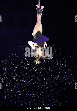 Kiev, Ucraina. 01 feb 2019. Artisti circensi visto eseguendo su di una oscillazione durante lo spettacolo. Il nuovo show internazionale 'Bianco e Nero' di tedesco moderno circus al nazionale ucraina Circus a Kiev in Ucraina. Lo spettacolo andrà in scena dal 2 febbraio fino al 21 aprile. Credito: SOPA Immagini limitata/Alamy Live News Foto Stock