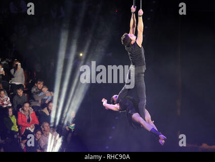 Kiev, Ucraina. 01 feb 2019. Artisti circensi visto eseguire durante lo spettacolo. Il nuovo show internazionale 'Bianco e Nero' di tedesco moderno circus al nazionale ucraina Circus a Kiev in Ucraina. Lo spettacolo andrà in scena dal 2 febbraio fino al 21 aprile. Credito: SOPA Immagini limitata/Alamy Live News Foto Stock