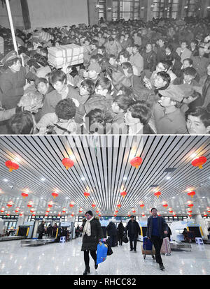(190202) -- PECHINO, 2 febbraio, 2019 (Xinhua) -- Questo combo mostra fotografica di passeggeri in coda fino a bordo dei treni presso la Stazione Ferroviaria di Pechino durante il Festival di Primavera di viaggio stagione a Pechino Capitale della Cina, Gennaio 12, 1993 (top, foto scattata da Tang Zhaoming); e preparare i passeggeri a bordo dei treni dopo il controllo di sicurezza a Lanzhou Stazione ferroviaria a Lanzhou, a nord-ovest della Cina di Provincia di Gansu, Gennaio 20, 2019 (fondo, foto scattata da Chen Bin). La Cina sta vivendo la sua speciale annuale "40 giorni" o Festival di Primavera di viaggio rush, che è definito come il "migrazione più grande sul pianeta", Foto Stock