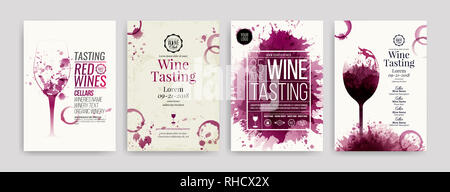 Raccolta di modelli con disegni di vino. Brochure, poster, biglietti di invito, promozione banner, menu. Le macchie di vino sfondo. Illustrazione Vettoriale Foto Stock