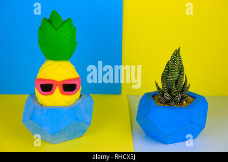 Piante succulente e divertente giocattolo di ananas in concreto sulla pentola blu e sfondo giallo Foto Stock