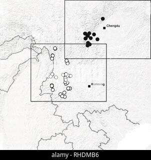 . Bonn bollettino zoologico. Zoologia. 128 Volker Assing. Fig. 1. Riunite i record esaminati di Nazeris dal cinese dello Zhejiang Province (triangoli), Sichuan (cerchi pieni), e- Yun Nan (cerchi aperti). I telai illustrano i limiti delle mappe di distribuzione per le singole specie (FIGURE 28-29, 88-90). La stessa regione, ad esempio per il genere Othius Stephens, 1829 (Staphylinidae: Othiini) (Assing 2003) o per alcuni Lep- idoptera Lattin (1967). Nazeris simum e N. connttus della N. tnincatiis gruppo (vedere sopra) rappresentano un altro esempio di una coppia di strettamente correlati specie Nazeris oc- curri Foto Stock