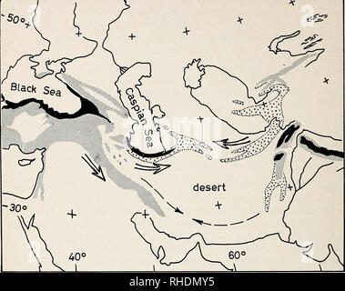 . Bonner zoologische Monographien. Zoologia. 56. Fig. 14: foresta naturale e tipi di bosco in Medio Oriente. Schema adattato- tically da Bobek (1951). Spiegazioni: Nero - foresta umida di Kolchis, Mar Caspio e Himalaya regioni. Tratteggio - bosco di querce e la foresta dei monti Zagros e la Turchia orientale; misto di latifoglie e la foresta di conifere in Caucaso, Turkestan e Afghanistan. - Puntinata aperto bosco di ginepro. Tutte le foreste e i boschi sono state gravemente ridotto dall'uomo durante tempi storici. Le frecce indicano che l'espansione del bosco faune durante il post-Pleistocene periodo umida che conduce alla seconda Foto Stock