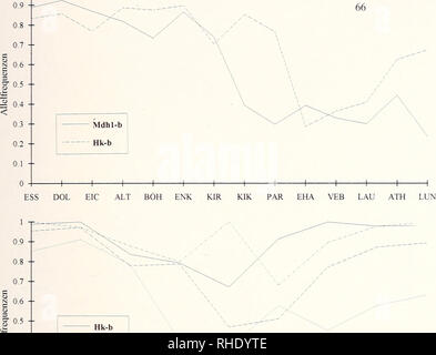 . Bonner zoologische Monographien. Zoologia. 133 1 T. ""-^ " Mdhl-b 0 3 - Gpt-d 0 2 -- j Gotl-b 0.1 -- 0 -I 1 1 1 1 ] 1 FES DOM MOR GGD KAZ VEDERE STE TRS BUV Abb. 63: Flache Allelfrequenzkline an der Kontaktzone im Altmühltal Abb. 64: Verteilung Allele seltener an der Kontaktzone im Altmühltal Abb. 65: Verteilung Allele seltener an der Kontaktzone im Altmühltal Abb. 66: Unregelmäßiger Verlauf von Allelfrequenzen an der Kontaktzone im Altmühltal Abb. 67: Unregelmäßiger Verlauf von Allelfrequenzen an der Kontaktzone im Altmühltal. Si prega di notare che queste immagini sono estratte dal Foto Stock