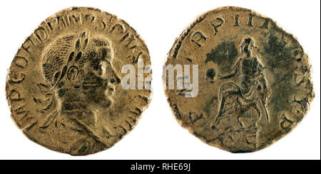 Antico bronzo romano sertertius medaglia dell'Imperatore Gordiano III. Foto Stock
